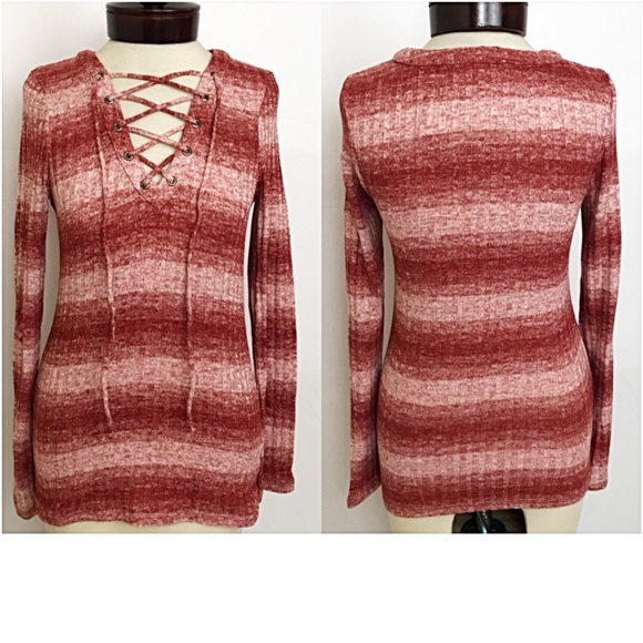 Ribbed LaceUp Ombré Striped Sweater Top SML - Picture 5 of 6